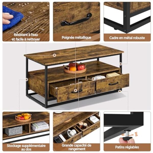 Yaheetech Table Basse de Salon avec 2 Tiroirs, 2 Compartiments, Grand Espace de Rangement, Étagère Ouverte en Bois MDF Industrielle, 100 × 48 × 46 cm, Brun Rustique pour Salon Chambre Bureau – Image 6