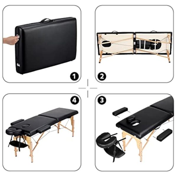 Yaheetech Table de Massage Portable Pliable à 2 Zones Charge 250 kg en Bois Hêtre Hauteur Réglable avec Appuie-tête Amovible Sac de Transport 213 x 60 cm/Noir – Image 6