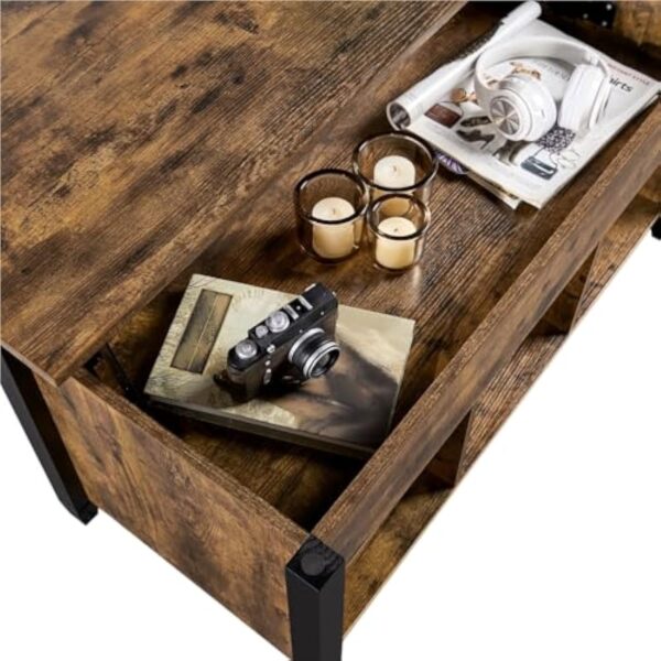Yaheetech Table Basse Plateau Relevable, Table de Salon Industrielle, Table avec Porte-Revues, 3 Compartiments de Rangement, Pieds réglables en Bois MDF et Métal 104.5 cm x 49.5 cm x 49 cm – Image 7