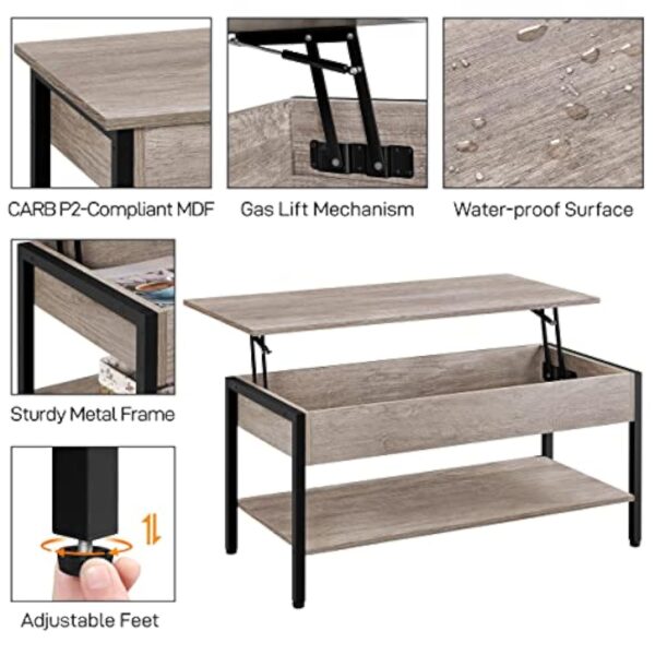 Yaheetech Table Basse avec Plateau Relevable Table de Salon avec Compartiment Caché en Bois MDF Gris 104,5X 49,5 x 47 cm – Image 7
