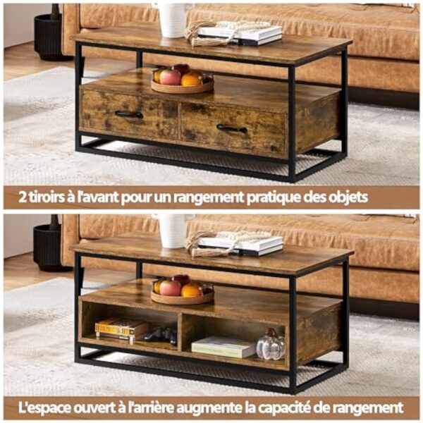 Yaheetech Table Basse de Salon avec 2 Tiroirs, 2 Compartiments, Grand Espace de Rangement, Étagère Ouverte en Bois MDF Industrielle, 100 × 48 × 46 cm, Brun Rustique pour Salon Chambre Bureau – Image 8