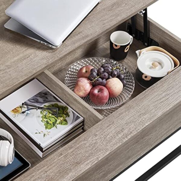 Yaheetech Table Basse de Salon avec Plateau Relevable 102x51x48 cm Compartiment Caché Pied Réglable Table de Salon en Bois et Métal pour Salle de Réception Chambre Gris – Image 9