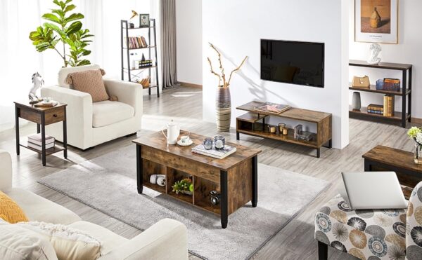 Yaheetech Table Basse Plateau Relevable, Table de Salon Industrielle, Table avec Porte-Revues, 3 Compartiments de Rangement, Pieds réglables en Bois MDF et Métal 104.5 cm x 49.5 cm x 49 cm – Image 11