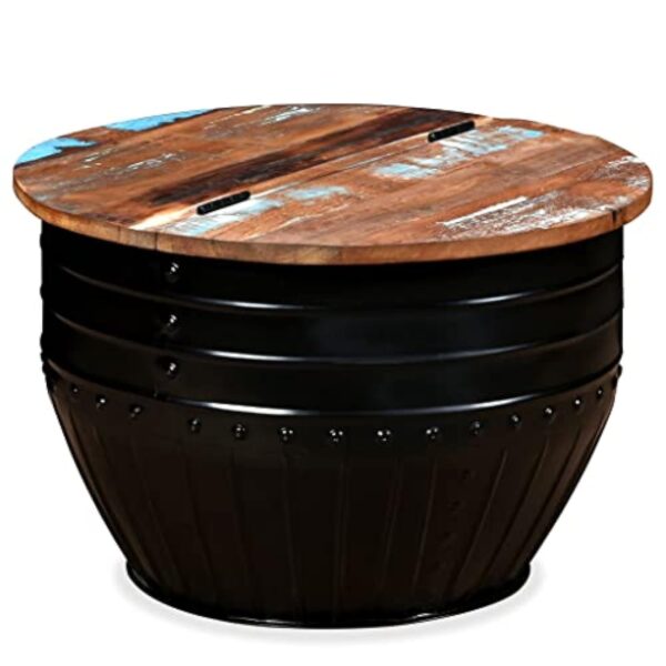 vidaXL Table Basse Table d'Appoint Table de Canapé Salon Meuble de Salle de Séjour Maison Intérieur Bois de Récupération Massif Forme de Baril Noir – Image 4