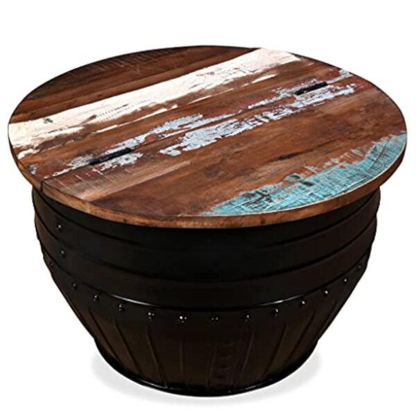 vidaXL Table Basse Table d'Appoint Table de Canapé Salon Meuble de Salle de Séjour Maison Intérieur Bois de Récupération Massif Forme de Baril Noir – Image 5