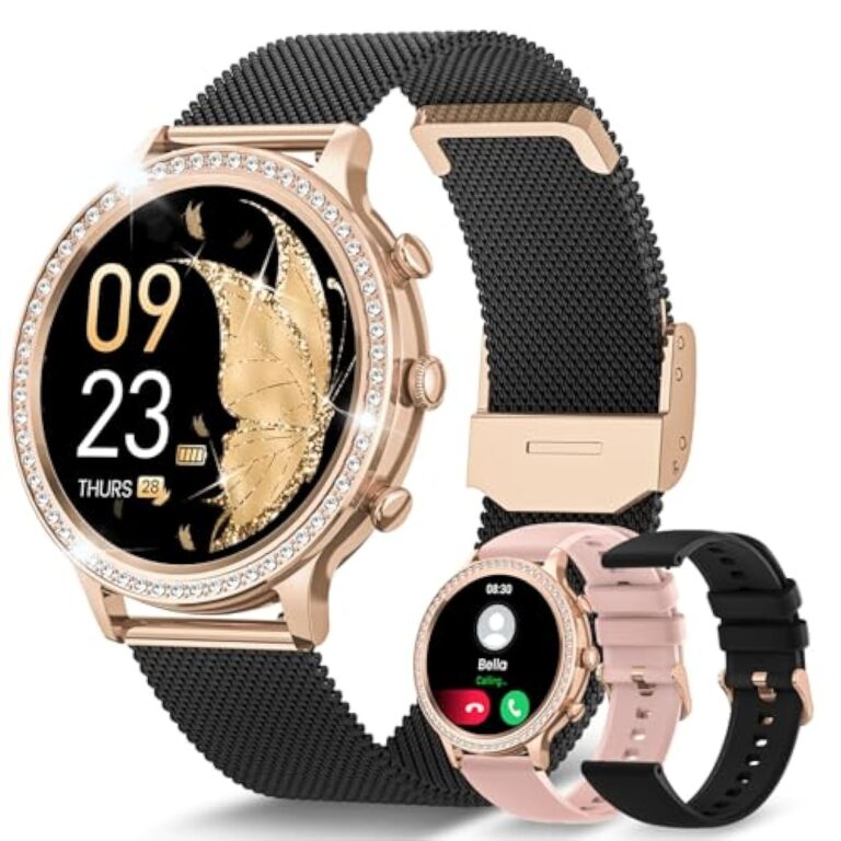 AIMIUVEI Montre Connectée Femme avec Appel Bluetooth 5.3, 1.32" Smartwatch Diamant 3 Bracelets, Fréquence Cardiaque, Sommeil, Fonction Féminine, SpO2, IP68, Podomètre pour Android iOS Or Noir Cadeau