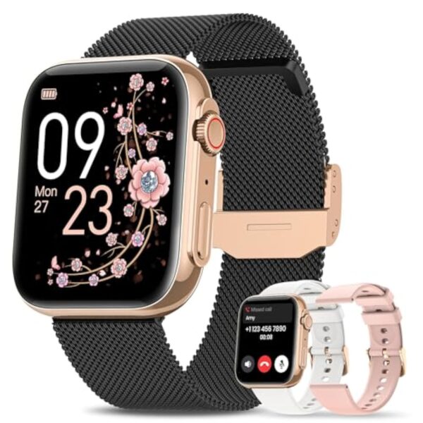 AIMIUVEI Montre Connectée Femme avec Appel Bluetooth 5.3, 1.85” Smartwatch avec 3 Bracelet, 120+ Modes Sport, Suivi des Règles, Fréquence Cardiaque SpO2 Sommeil, Podometre IP68 Android iOS Or Noir