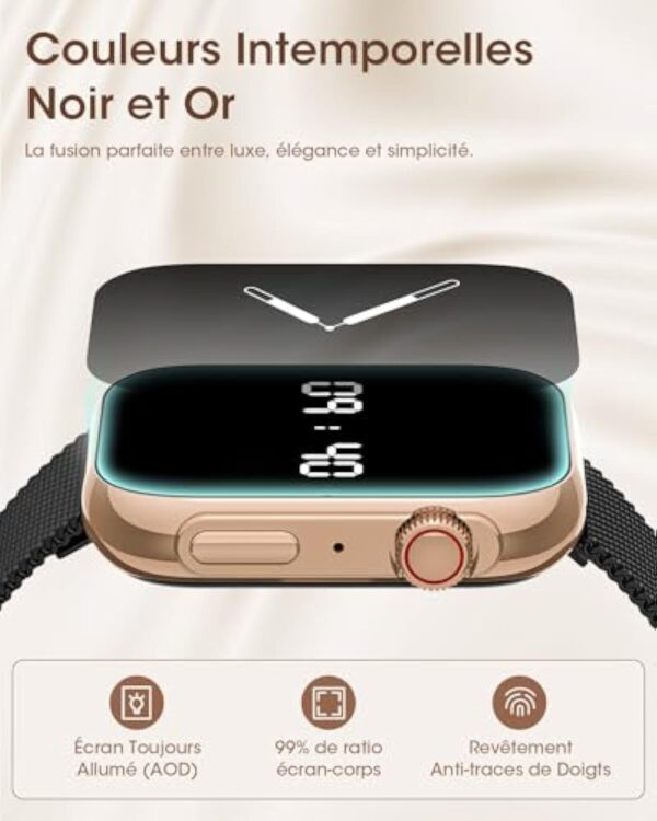 AIMIUVEI Montre Connectée Femme avec Appel Bluetooth 5.3, 1.85” Smartwatch avec 3 Bracelet, 120+ Modes Sport, Suivi des Règles, Fréquence Cardiaque SpO2 Sommeil, Podometre IP68 Android iOS Or Noir – Image 3