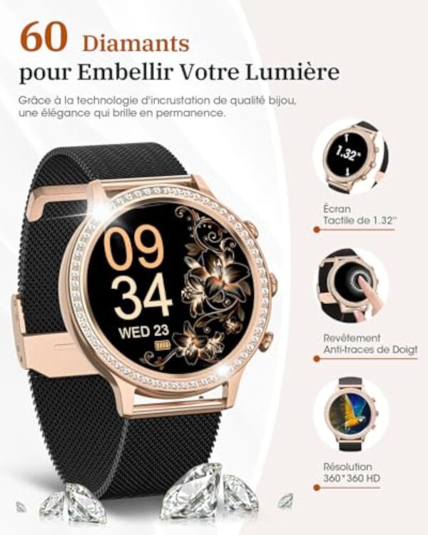 AIMIUVEI Montre Connectée Femme avec Appel Bluetooth 5.3, 1.32" Smartwatch Diamant 3 Bracelets, Fréquence Cardiaque, Sommeil, Fonction Féminine, SpO2, IP68, Podomètre pour Android iOS Or Noir Cadeau – Image 3