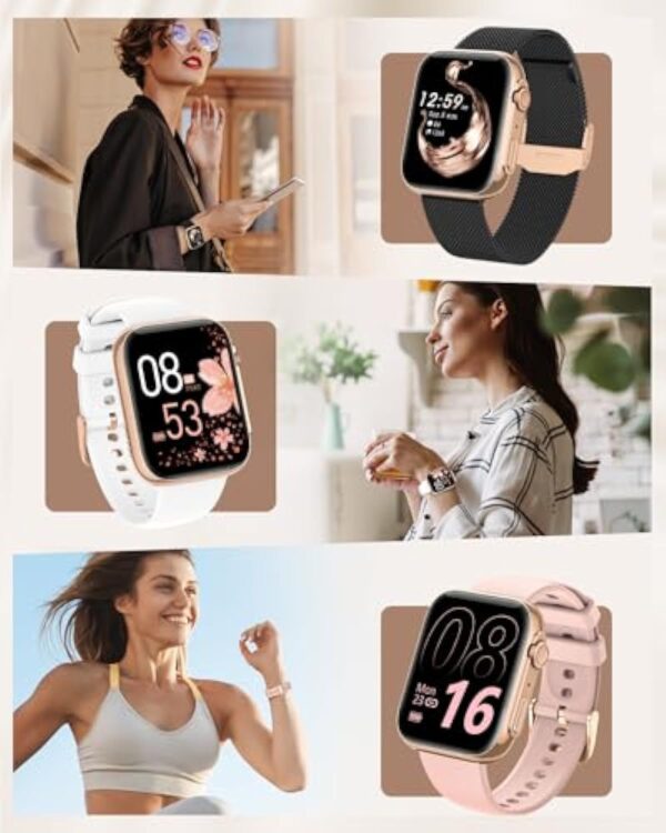 AIMIUVEI Montre Connectée Femme avec Appel Bluetooth 5.3, 1.85” Smartwatch avec 3 Bracelet, 120+ Modes Sport, Suivi des Règles, Fréquence Cardiaque SpO2 Sommeil, Podometre IP68 Android iOS Or Noir – Image 4