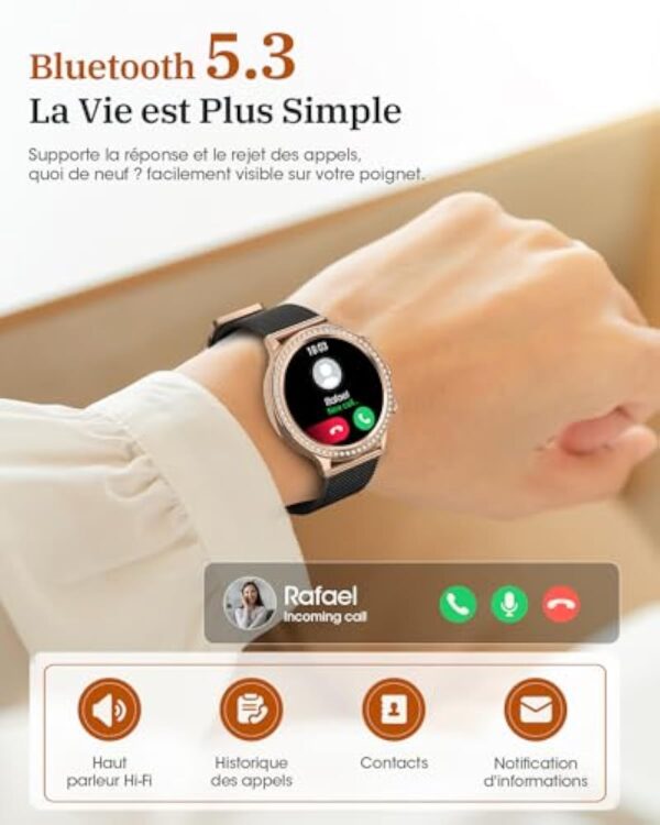 AIMIUVEI Montre Connectée Femme avec Appel Bluetooth 5.3, 1.32" Smartwatch Diamant 3 Bracelets, Fréquence Cardiaque, Sommeil, Fonction Féminine, SpO2, IP68, Podomètre pour Android iOS Or Noir Cadeau – Image 4