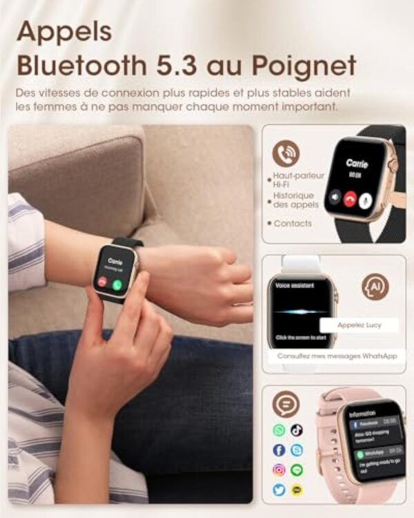 AIMIUVEI Montre Connectée Femme avec Appel Bluetooth 5.3, 1.85” Smartwatch avec 3 Bracelet, 120+ Modes Sport, Suivi des Règles, Fréquence Cardiaque SpO2 Sommeil, Podometre IP68 Android iOS Or Noir – Image 5