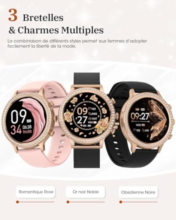 AIMIUVEI Montre Connectée Femme avec Appel Bluetooth 5.3, 1.32" Smartwatch Diamant 3 Bracelets, Fréquence Cardiaque, Sommeil, Fonction Féminine, SpO2, IP68, Podomètre pour Android iOS Or Noir Cadeau – Image 5