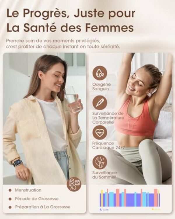 AIMIUVEI Montre Connectée Femme avec Appel Bluetooth 5.3, 1.85” Smartwatch avec 3 Bracelet, 120+ Modes Sport, Suivi des Règles, Fréquence Cardiaque SpO2 Sommeil, Podometre IP68 Android iOS Or Noir – Image 6