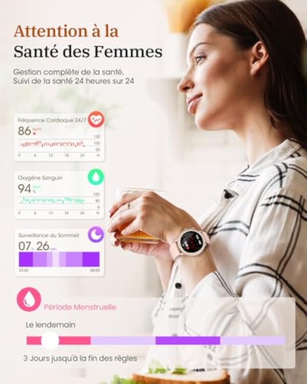 AIMIUVEI Montre Connectée Femme avec Appel Bluetooth 5.3, 1.32" Smartwatch Diamant 3 Bracelets, Fréquence Cardiaque, Sommeil, Fonction Féminine, SpO2, IP68, Podomètre pour Android iOS Or Noir Cadeau – Image 6