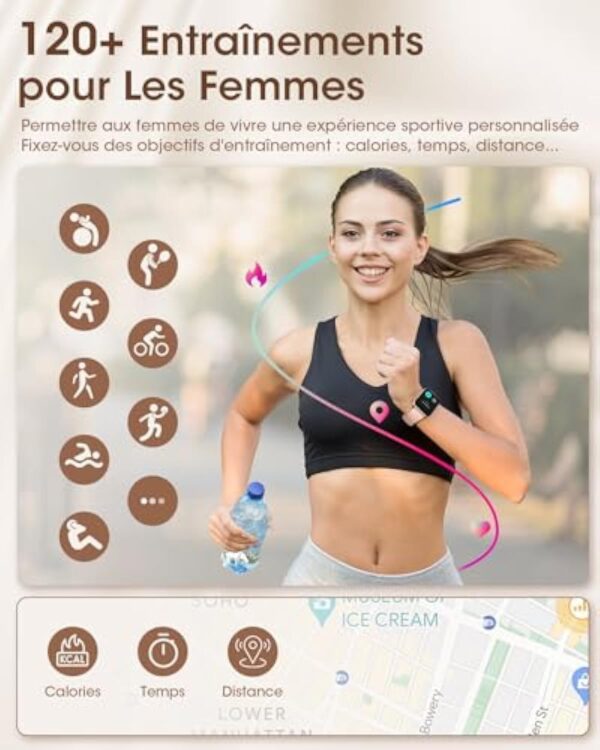 AIMIUVEI Montre Connectée Femme avec Appel Bluetooth 5.3, 1.85” Smartwatch avec 3 Bracelet, 120+ Modes Sport, Suivi des Règles, Fréquence Cardiaque SpO2 Sommeil, Podometre IP68 Android iOS Or Noir – Image 7