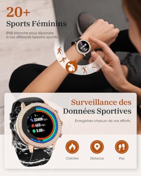 AIMIUVEI Montre Connectée Femme avec Appel Bluetooth 5.3, 1.32" Smartwatch Diamant 3 Bracelets, Fréquence Cardiaque, Sommeil, Fonction Féminine, SpO2, IP68, Podomètre pour Android iOS Or Noir Cadeau – Image 7