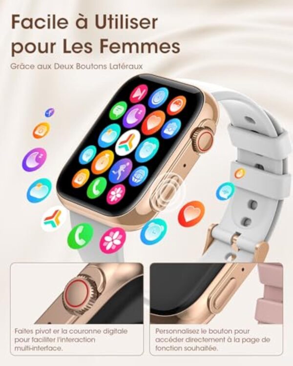 AIMIUVEI Montre Connectée Femme avec Appel Bluetooth 5.3, 1.85” Smartwatch avec 3 Bracelet, 120+ Modes Sport, Suivi des Règles, Fréquence Cardiaque SpO2 Sommeil, Podometre IP68 Android iOS Or Noir – Image 8