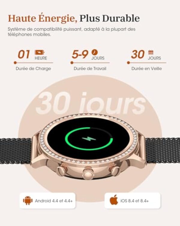 AIMIUVEI Montre Connectée Femme avec Appel Bluetooth 5.3, 1.32" Smartwatch Diamant 3 Bracelets, Fréquence Cardiaque, Sommeil, Fonction Féminine, SpO2, IP68, Podomètre pour Android iOS Or Noir Cadeau – Image 8