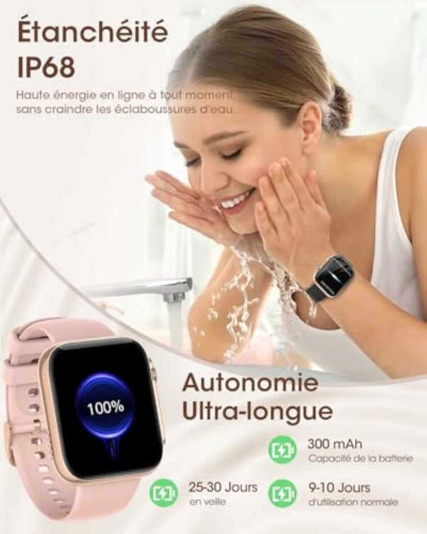 AIMIUVEI Montre Connectée Femme avec Appel Bluetooth 5.3, 1.85” Smartwatch avec 3 Bracelet, 120+ Modes Sport, Suivi des Règles, Fréquence Cardiaque SpO2 Sommeil, Podometre IP68 Android iOS Or Noir – Image 9