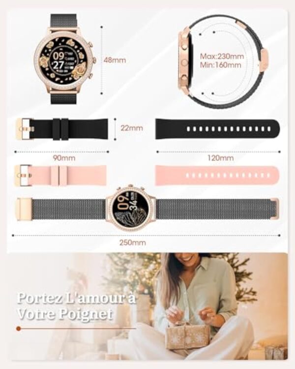 AIMIUVEI Montre Connectée Femme avec Appel Bluetooth 5.3, 1.32" Smartwatch Diamant 3 Bracelets, Fréquence Cardiaque, Sommeil, Fonction Féminine, SpO2, IP68, Podomètre pour Android iOS Or Noir Cadeau – Image 9