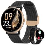 AKUMAKA Montre Connectée Femme avec Appel, 1.39” AMOLED Smartwatch avec 120+ Sport, 24/7 Fréquence Cardiaque, Suivi des Règles, SpO2, Sommeil, Montre Femme IP68 Podomètre Android iOS Or Noir, Cadeau