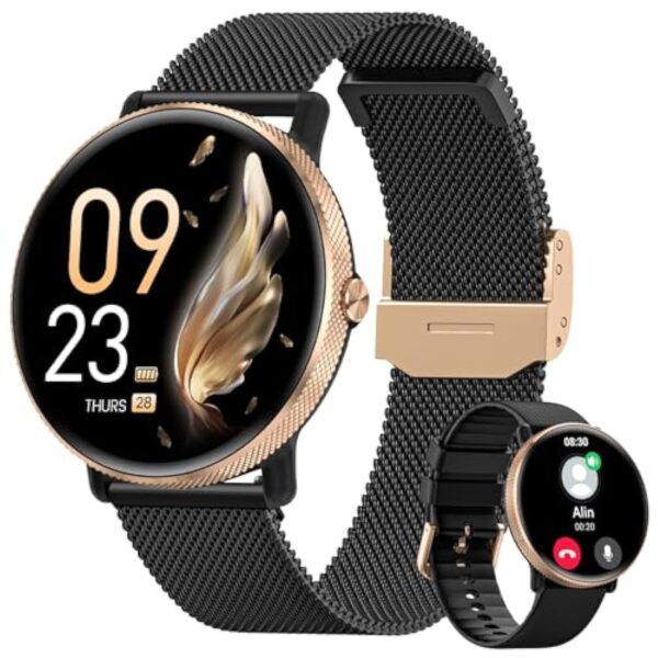 AKUMAKA Montre Connectée Femme avec Appel, 1.39” AMOLED Smartwatch avec 120+ Sport, 24/7 Fréquence Cardiaque, Suivi des Règles, SpO2, Sommeil, Montre Femme IP68 Podomètre Android iOS Or Noir, Cadeau – Image 2