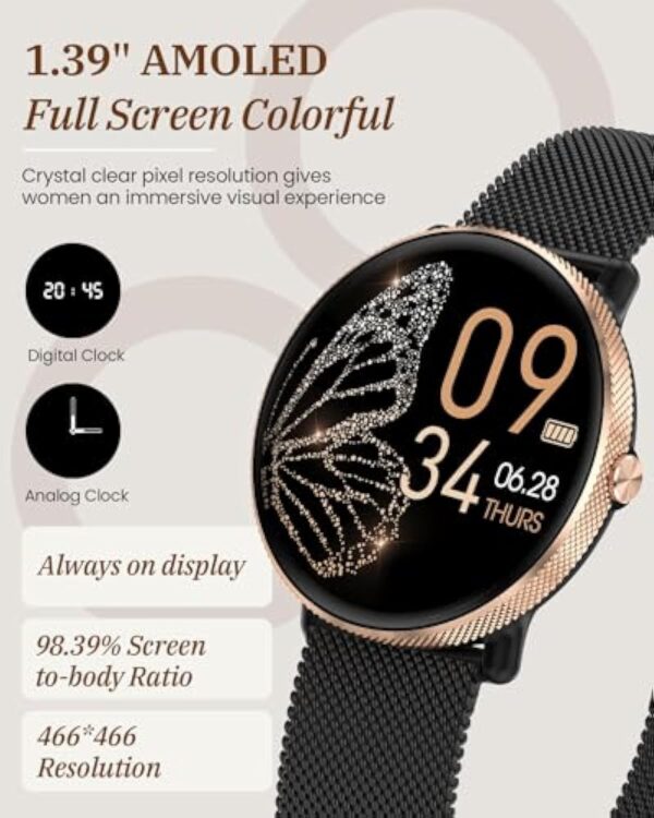 AKUMAKA Montre Connectée Femme avec Appel, 1.39” AMOLED Smartwatch avec 120+ Sport, 24/7 Fréquence Cardiaque, Suivi des Règles, SpO2, Sommeil, Montre Femme IP68 Podomètre Android iOS Or Noir, Cadeau – Image 4