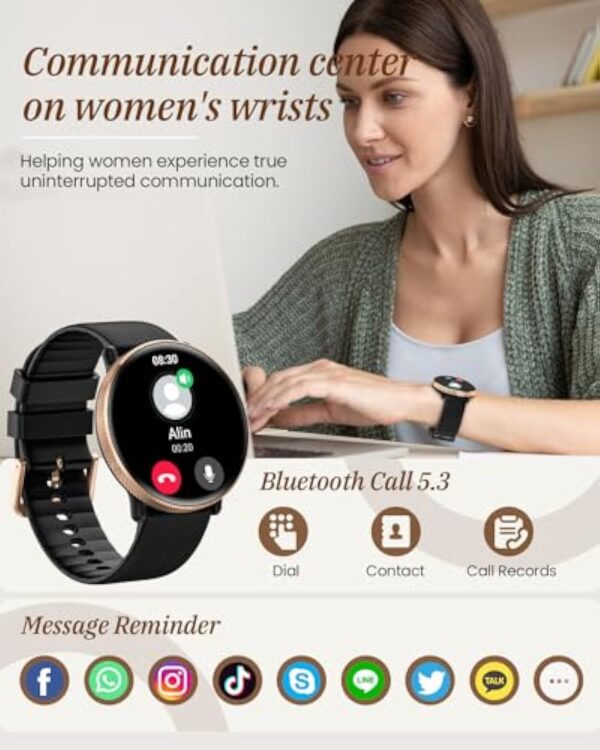 AKUMAKA Montre Connectée Femme avec Appel, 1.39” AMOLED Smartwatch avec 120+ Sport, 24/7 Fréquence Cardiaque, Suivi des Règles, SpO2, Sommeil, Montre Femme IP68 Podomètre Android iOS Or Noir, Cadeau – Image 5