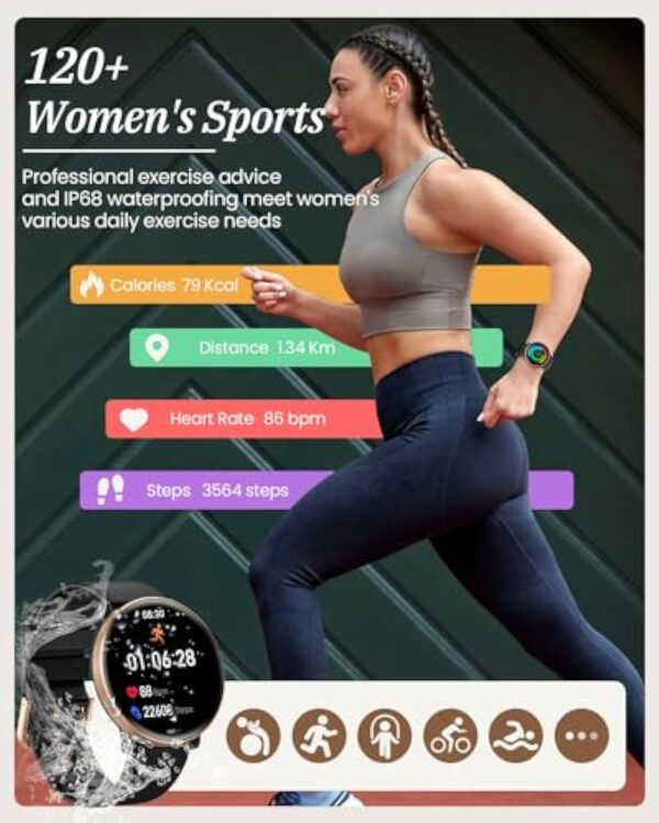 AKUMAKA Montre Connectée Femme avec Appel, 1.39” AMOLED Smartwatch avec 120+ Sport, 24/7 Fréquence Cardiaque, Suivi des Règles, SpO2, Sommeil, Montre Femme IP68 Podomètre Android iOS Or Noir, Cadeau – Image 7