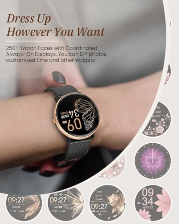 AKUMAKA Montre Connectée Femme avec Appel, 1.39” AMOLED Smartwatch avec 120+ Sport, 24/7 Fréquence Cardiaque, Suivi des Règles, SpO2, Sommeil, Montre Femme IP68 Podomètre Android iOS Or Noir, Cadeau – Image 8