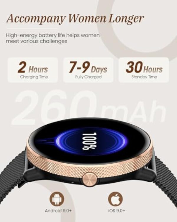 AKUMAKA Montre Connectée Femme avec Appel, 1.39” AMOLED Smartwatch avec 120+ Sport, 24/7 Fréquence Cardiaque, Suivi des Règles, SpO2, Sommeil, Montre Femme IP68 Podomètre Android iOS Or Noir, Cadeau – Image 9