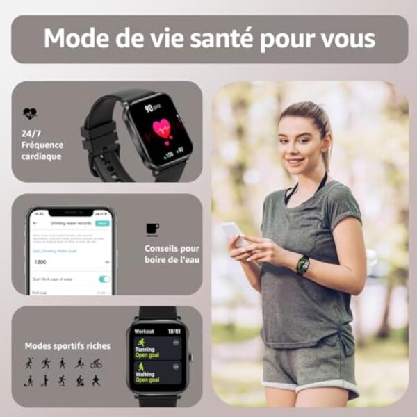 AcclaFit Montre Connectée pour Android iOS, 1.85" Full Touch Smart Watch avec Notifications, Répondre/Numéroter, Fréquence Cardiaque, Moniteur d'oxygène Sanguin, Compteur de Calories pour Homme Femme – Image 4