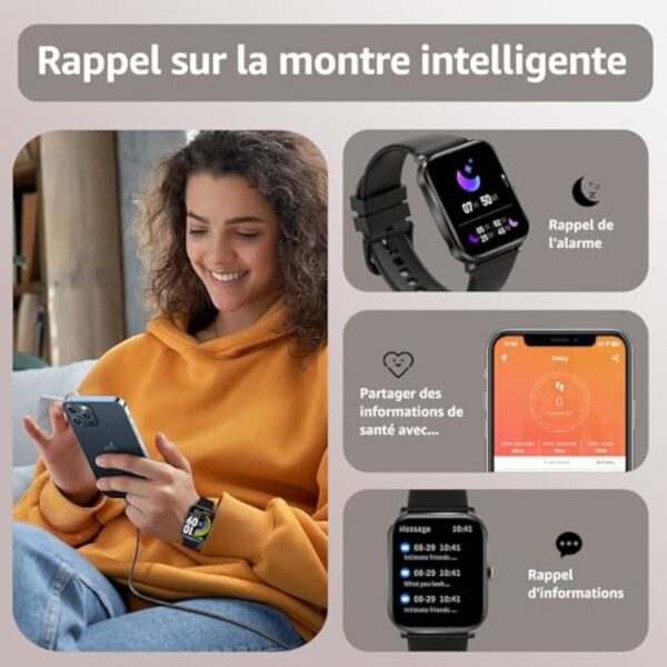 AcclaFit Montre Connectée pour Android iOS, 1.85" Full Touch Smart Watch avec Notifications, Répondre/Numéroter, Fréquence Cardiaque, Moniteur d'oxygène Sanguin, Compteur de Calories pour Homme Femme – Image 5