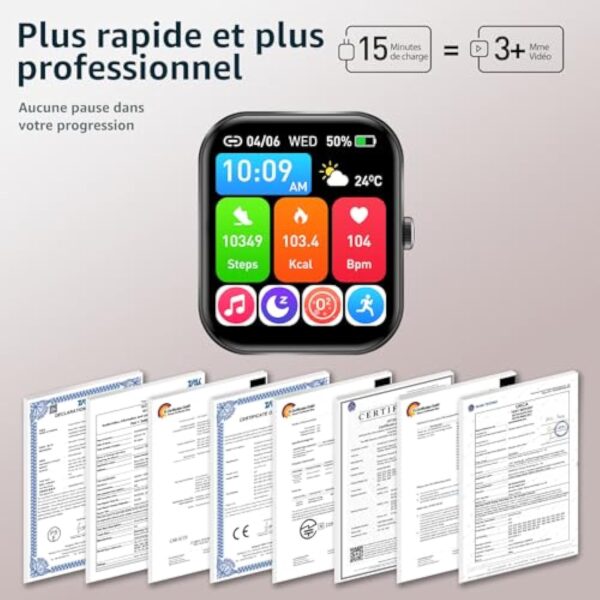 AcclaFit Montre Connectée pour Android iOS, 1.85" Full Touch Smart Watch avec Notifications, Répondre/Numéroter, Fréquence Cardiaque, Moniteur d'oxygène Sanguin, Compteur de Calories pour Homme Femme – Image 6