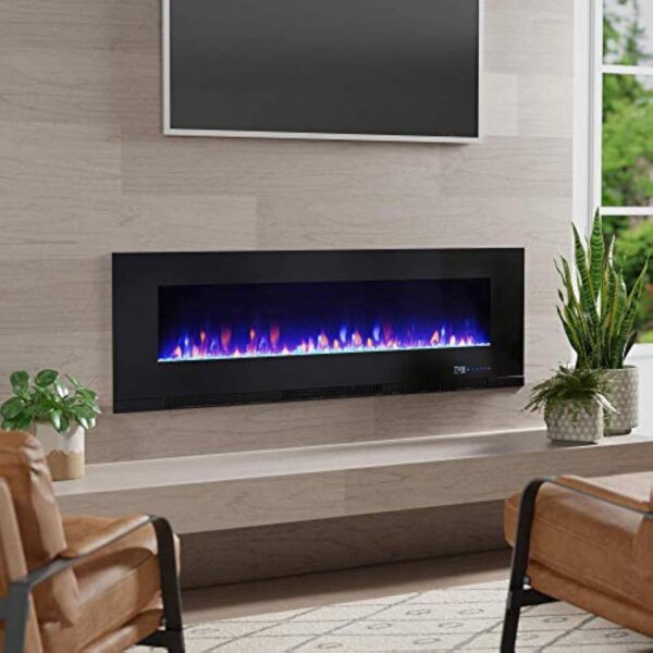 Amazon Basics Cheminée électrique murale chauffante à LED, courbe 3D, multicolore - 60" (152 cm) - avec télécommande, 1300 W, Noir – Image 6
