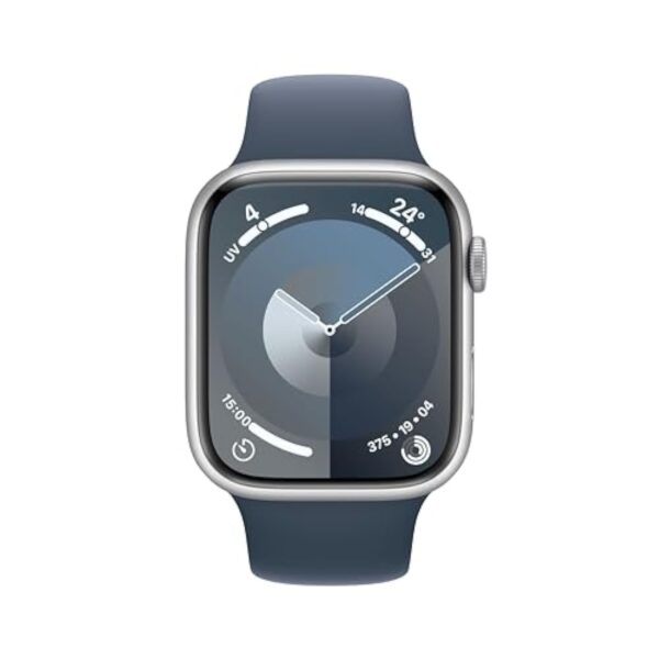 Apple Watch Series 9 (45 mm GPS) Smartwatch avec boîtier Aluminium Argent et Bracelet Sport Bleu Orage (M/L). Suivi de l’activité Physique, apps Oxygène sanguin et ECG, écran Retina Toujours activé – Image 3