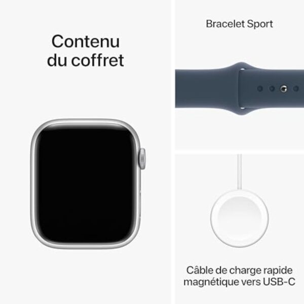 Apple Watch Series 9 (45 mm GPS) Smartwatch avec boîtier Aluminium Argent et Bracelet Sport Bleu Orage (M/L). Suivi de l’activité Physique, apps Oxygène sanguin et ECG, écran Retina Toujours activé – Image 7