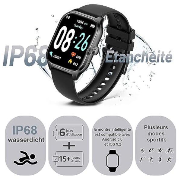 Asmoda Montre Connectée Homme Femme, 2.01" Full Touch Smart Watch avec Notifications, Répondre/Numéroter, Smartwatch avec Fréquence Cardiaque, Tensiomètre, Compteur de Calories pour Android iOS – Image 5