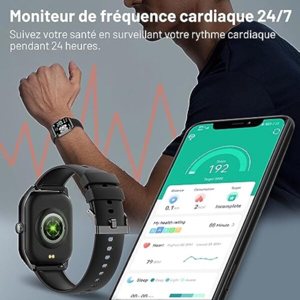 Asmoda Montre Connectée Homme Femme, 2.01" Full Touch Smart Watch avec Notifications, Répondre/Numéroter, Smartwatch avec Fréquence Cardiaque, Tensiomètre, Compteur de Calories pour Android iOS – Image 6