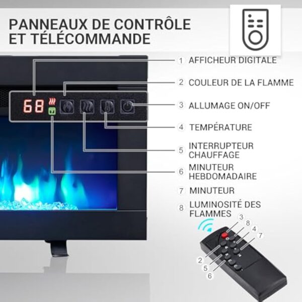 BALDERIA Agnes 40" Foyer Électrique - Foyer électrique encastré avec Chauffage 1000/2000 W, Effet de Flamme 3D réaliste, Télécommande programmable, Minuterie, Thermostat - Noir – Image 8