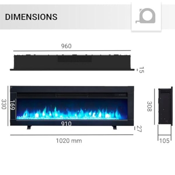 BALDERIA Agnes 40" Foyer Électrique - Foyer électrique encastré avec Chauffage 1000/2000 W, Effet de Flamme 3D réaliste, Télécommande programmable, Minuterie, Thermostat - Noir – Image 9