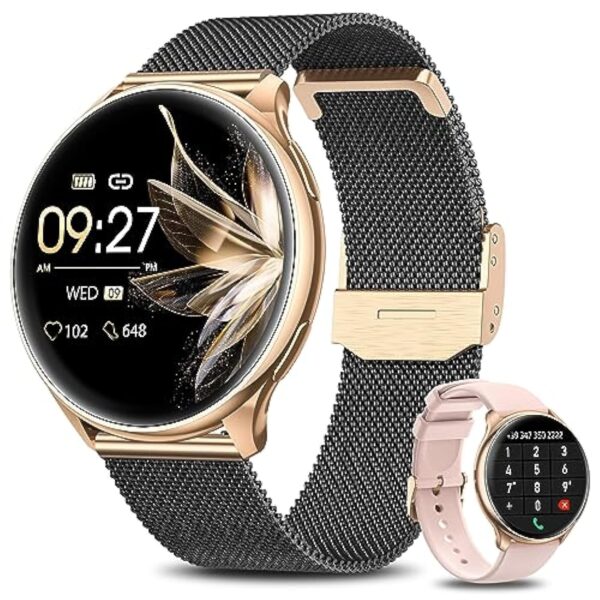 BANLVS Montre Connectée Femme avec Appel Bluetooth 5.2, IP68 Smartwatch avec 120+ Sport, Fonction Féminine Fréquence Cardiaque Calories SpO2 et Sommeil, pour Android iOS, Noir Or – Image 2