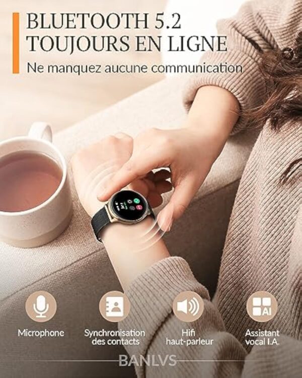 BANLVS Montre Connectée Femme avec Appel Bluetooth 5.2, IP68 Smartwatch avec 120+ Sport, Fonction Féminine Fréquence Cardiaque Calories SpO2 et Sommeil, pour Android iOS, Noir Or – Image 4