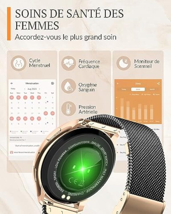 BANLVS Montre Connectée Femme avec Appel Bluetooth 5.2, IP68 Smartwatch avec 120+ Sport, Fonction Féminine Fréquence Cardiaque Calories SpO2 et Sommeil, pour Android iOS, Noir Or – Image 5