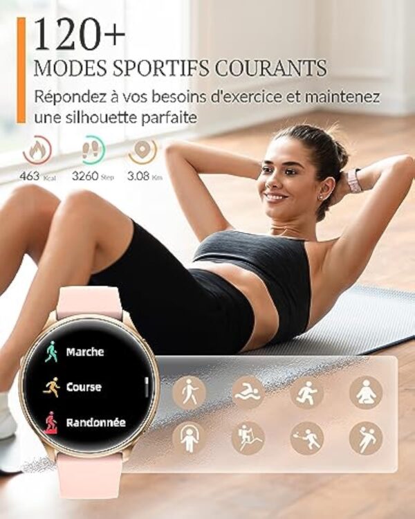 BANLVS Montre Connectée Femme avec Appel Bluetooth 5.2, IP68 Smartwatch avec 120+ Sport, Fonction Féminine Fréquence Cardiaque Calories SpO2 et Sommeil, pour Android iOS, Noir Or – Image 6