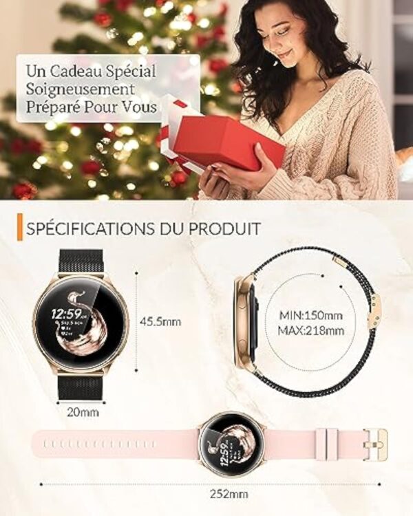 BANLVS Montre Connectée Femme avec Appel Bluetooth 5.2, IP68 Smartwatch avec 120+ Sport, Fonction Féminine Fréquence Cardiaque Calories SpO2 et Sommeil, pour Android iOS, Noir Or – Image 9