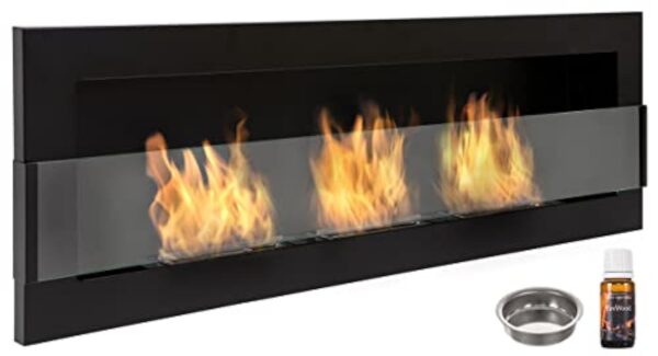 Bio cheminée noir mat Nice-House 120x40cm. Cheminée au bioéthanol à suspendre directement au mur ou à monter dans une ouverture murale. Biocheminée avec verre. Cheminée bio éthanol suspendue – Image 2