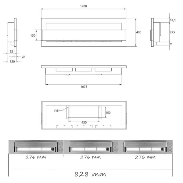 Bio cheminée noir mat Nice-House 120x40cm. Cheminée au bioéthanol à suspendre directement au mur ou à monter dans une ouverture murale. Biocheminée avec verre. Cheminée bio éthanol suspendue – Image 9