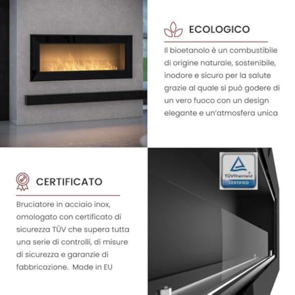Cheminée au bioéthanol, rame120 avec verre de protection 1200 mm x 490 mm, noir semi-mat. – Image 7